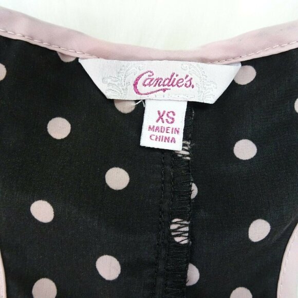 🎯5/$30 Candie's Tank Top Polka Dot Ruffle Black Pink Dip Hem Juniors XS - Picture 4 of 10